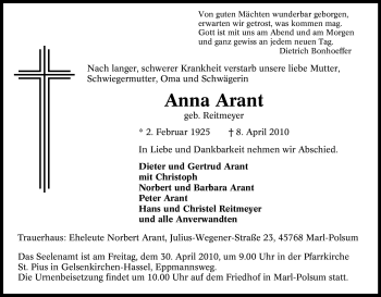 Traueranzeige von Anna Arant von Tageszeitung