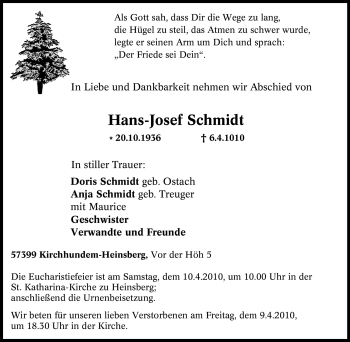 Traueranzeige von Hans-Josef Schmidt von Tageszeitung