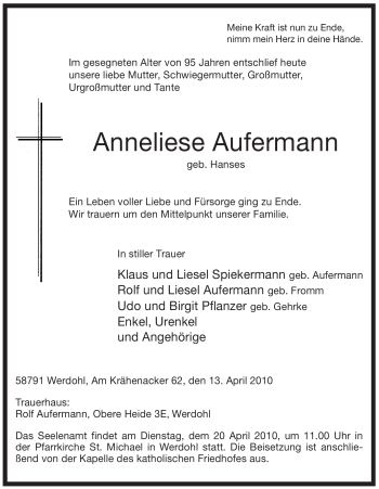 Traueranzeige von Anneliese Aufermann von Tageszeitung