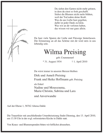 Traueranzeige von Wilma Preising von Tageszeitung