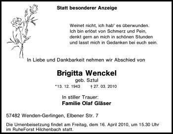 Traueranzeige von Brigitta Wenckel von Tageszeitung