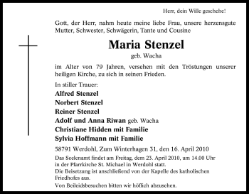 Traueranzeige von Maria Stenzel von Tageszeitung