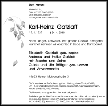 Traueranzeige von Karl-Heinz Gatzlaff von Tageszeitung