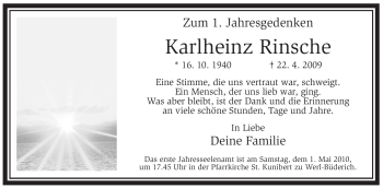 Traueranzeige von Karlheinz Rinsche von Tageszeitung