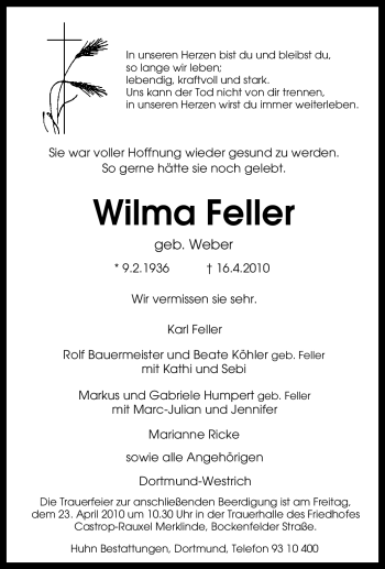 Traueranzeige von Wilma Feller von Tageszeitung