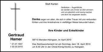 Traueranzeige von Gertraud Hamer von Tageszeitung