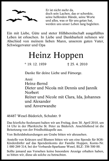Traueranzeige von Heinz Hoppen von Tageszeitung