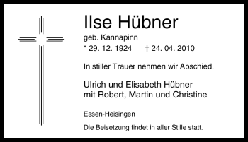 Traueranzeige von Ilse Hübner von Tageszeitung