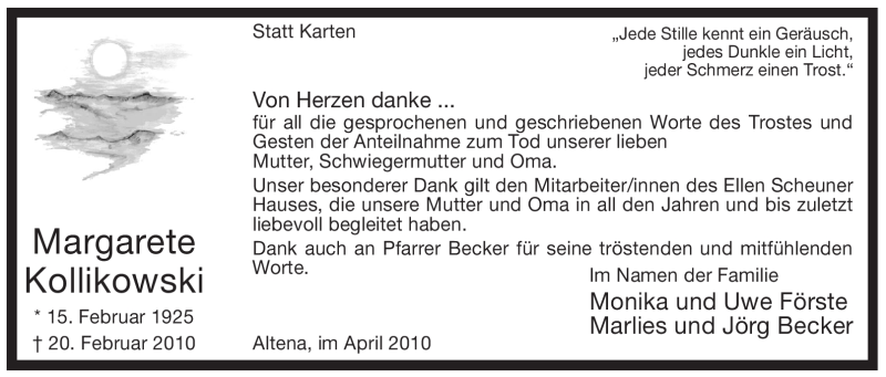  Traueranzeige für Margarete Kollikowski vom 03.04.2010 aus Tageszeitung