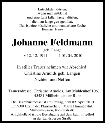 Traueranzeige von Johanne Feldmann von Tageszeitung