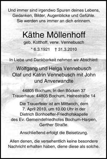 Traueranzeige von Käthe Möllenhoff von Tageszeitung