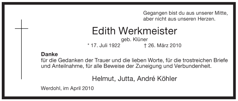  Traueranzeige für Edith Werkmeister vom 23.04.2010 aus Tageszeitung