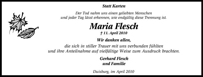  Traueranzeige für Maria Flesch vom 30.04.2010 aus Tageszeitung