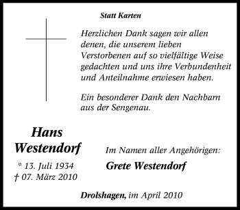 Traueranzeige von Hans Westendorf von Tageszeitung