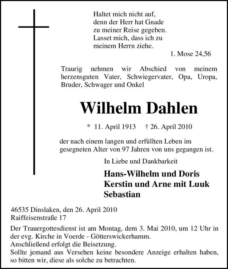  Traueranzeige für Wilhelm Dahlen vom 29.04.2010 aus Tageszeitung