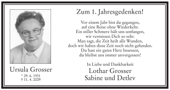 Traueranzeige von Ursula Grosser von Tageszeitung