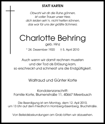 Traueranzeige von Charlotte Behring von Tageszeitung