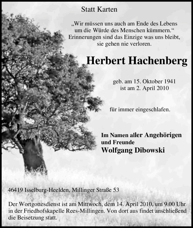  Traueranzeige für Herbert Hachenberg vom 10.04.2010 aus Tageszeitung