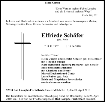 Traueranzeige von Elfriede Schäfer von Tageszeitung