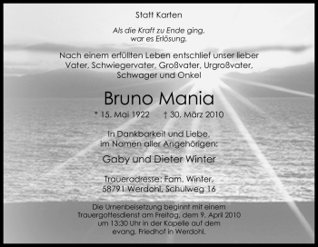 Traueranzeige von Bruno Mania von Tageszeitung