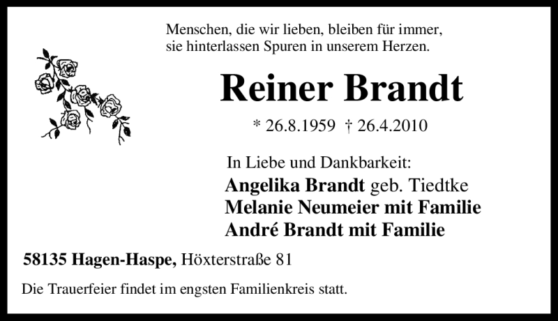  Traueranzeige für Reiner Brandt vom 27.04.2010 aus Tageszeitung