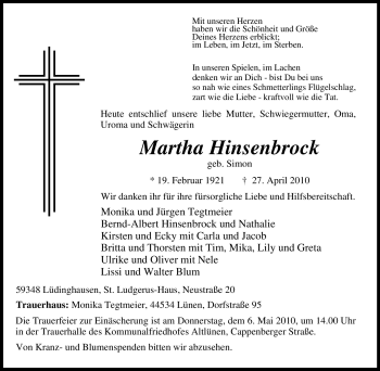 Traueranzeige von Martha Hinsenbrock von Tageszeitung