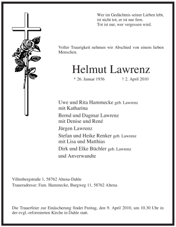 Traueranzeige von Helmut Lawrenz von Tageszeitung