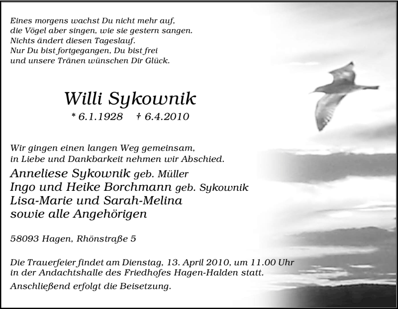  Traueranzeige für Willi Sykownik vom 10.04.2010 aus Tageszeitung