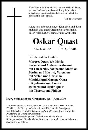 Traueranzeige von Oskar Quast von Tageszeitung