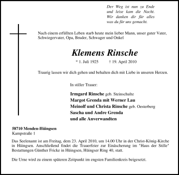 Traueranzeige von Klemens Rinsche von Tageszeitung