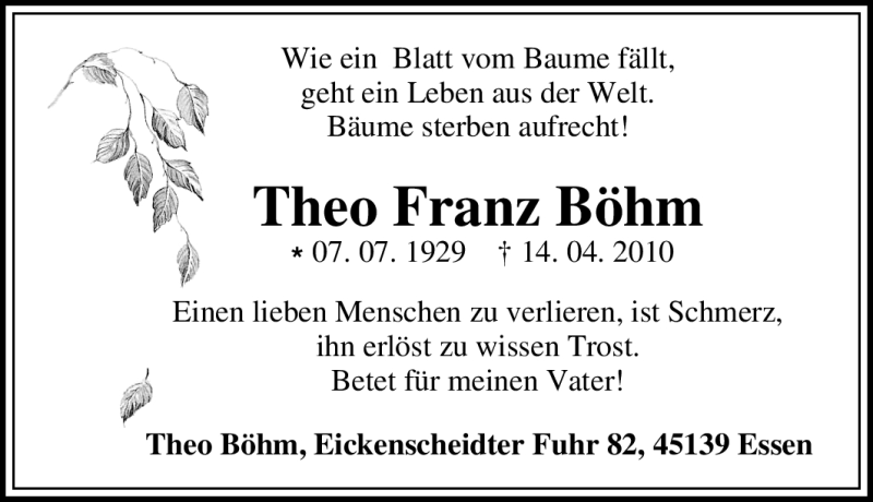  Traueranzeige für Theo Franz Böhm vom 24.04.2010 aus Tageszeitung
