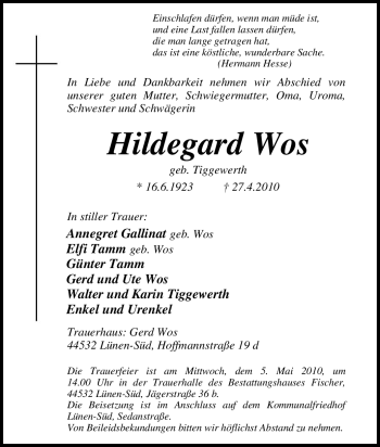 Traueranzeige von Hildegard Wos von Tageszeitung