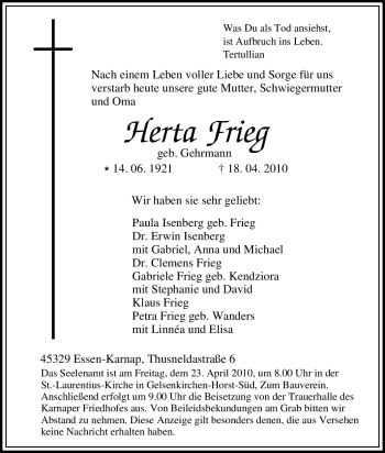 Traueranzeige von Herta Frieg von Tageszeitung