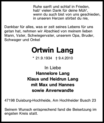 Traueranzeige von Ortwin Lang von Tageszeitung
