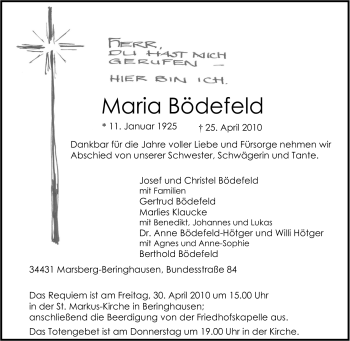 Traueranzeige von Maria Bödefeld von Tageszeitung
