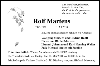 Traueranzeige von Rolf Martens von Tageszeitung