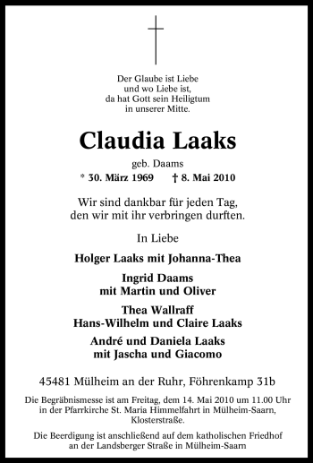 Traueranzeige von Claudia Laaks von Tageszeitung