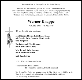 Traueranzeige von Werner Knappe von Tageszeitung