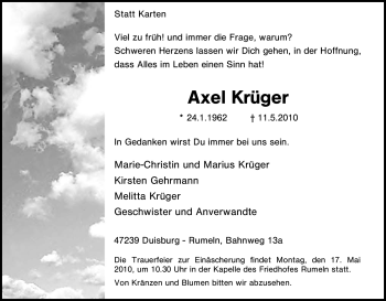 Traueranzeige von Axel Krüger von Tageszeitung