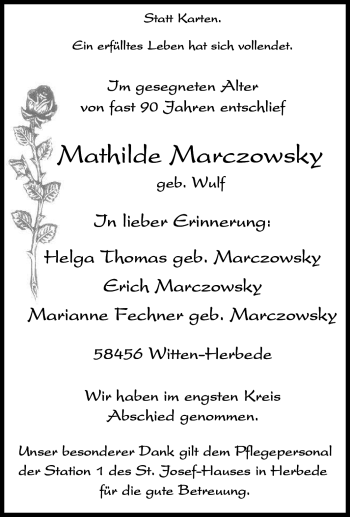 Traueranzeige von Mathilde Marczowsly von Tageszeitung
