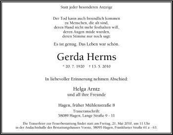 Traueranzeige von Gerda Herms von Tageszeitung