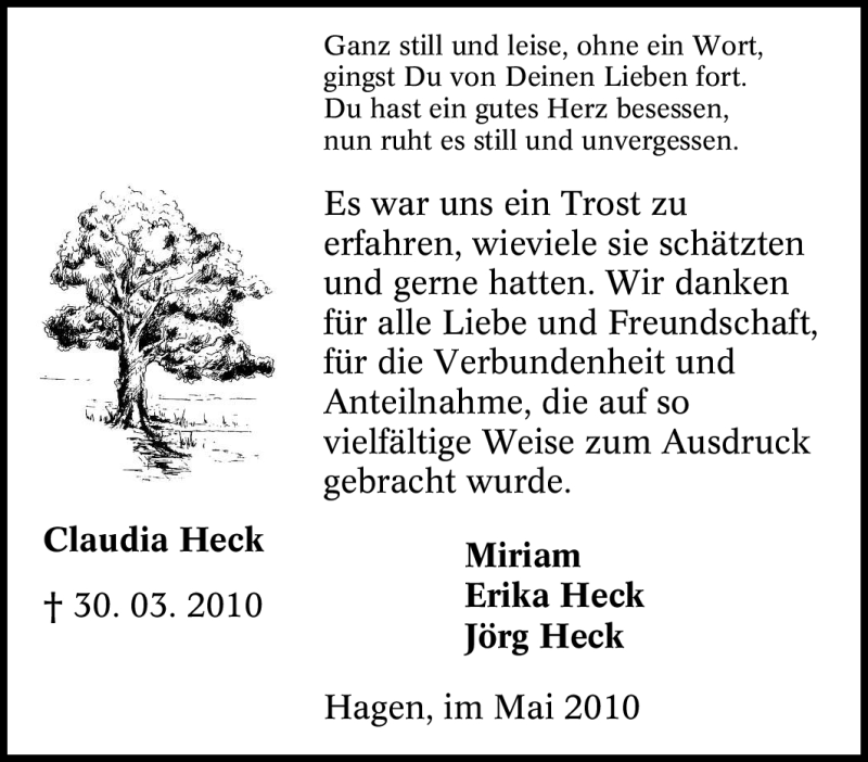  Traueranzeige für Claudia Heck vom 21.05.2010 aus Tageszeitung