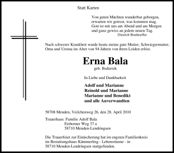Traueranzeige von Erna Bala von Tageszeitung