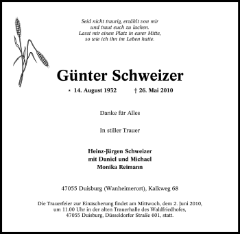 Traueranzeige von Günter Schweizer von Tageszeitung