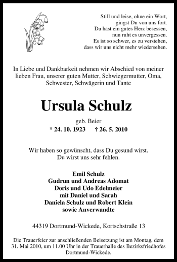 Traueranzeige von Ursula Schulz von Tageszeitung