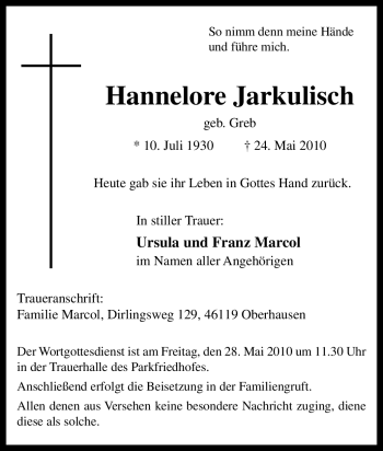 Traueranzeige von Hannelore Jarkulisch von Tageszeitung