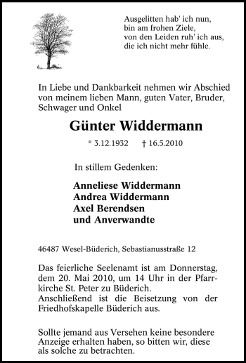 Traueranzeige von Günter Widdermann von Tageszeitung