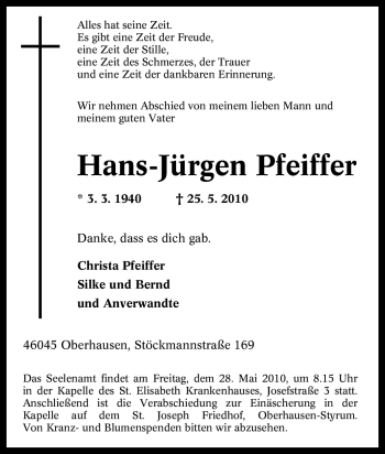 Traueranzeige von Hans-Jürgen Pfeiffer von Tageszeitung