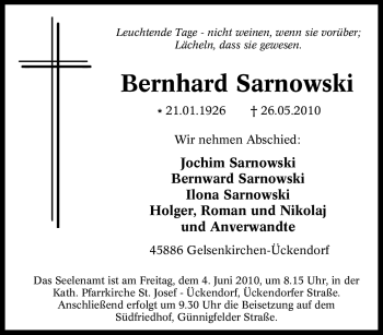 Traueranzeige von Bernhard Sarnowski von Tageszeitung