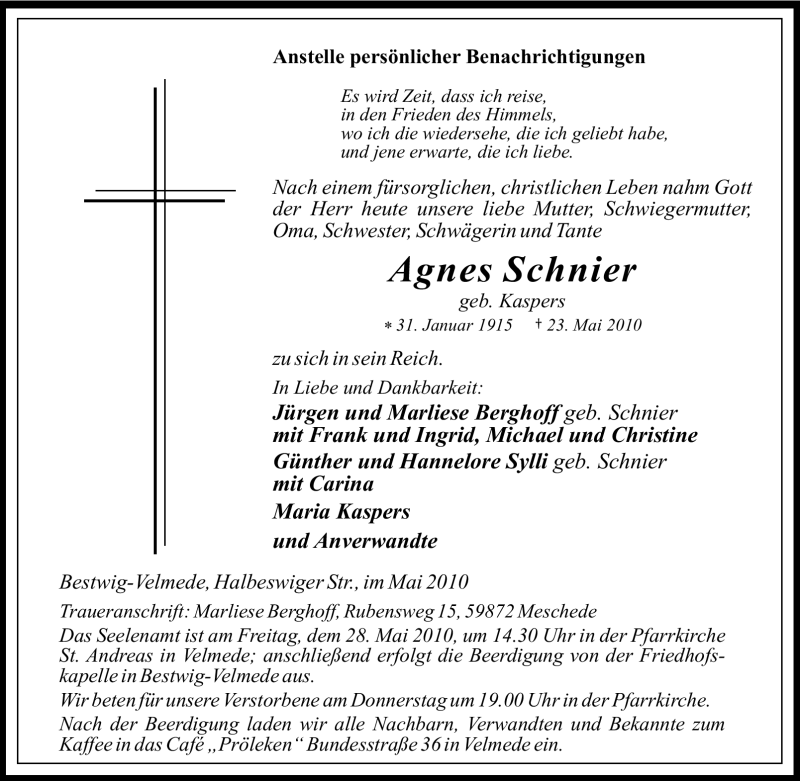  Traueranzeige für Agnes Schnier vom 26.05.2010 aus Tageszeitung